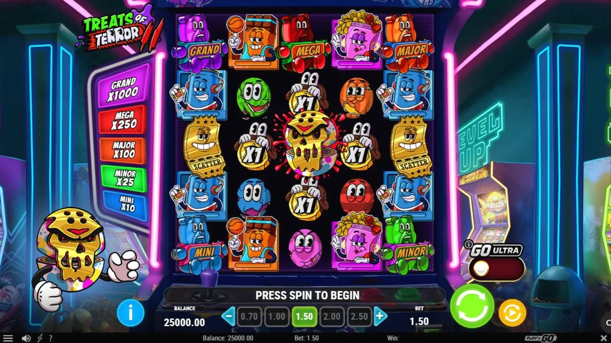 Tampilan visual neon arcade dari slot Treats of Terror 2