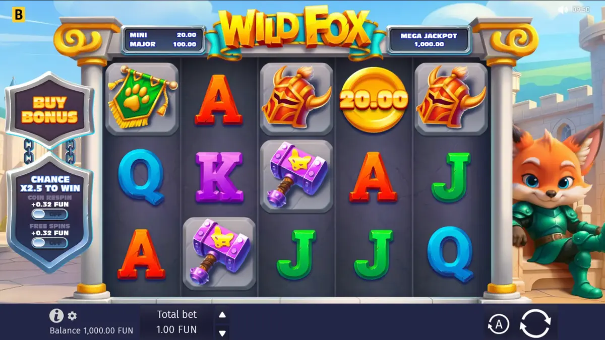 Tampilan antarmuka mobile game slot Wild Fox dengan karakter rubah ksatria.