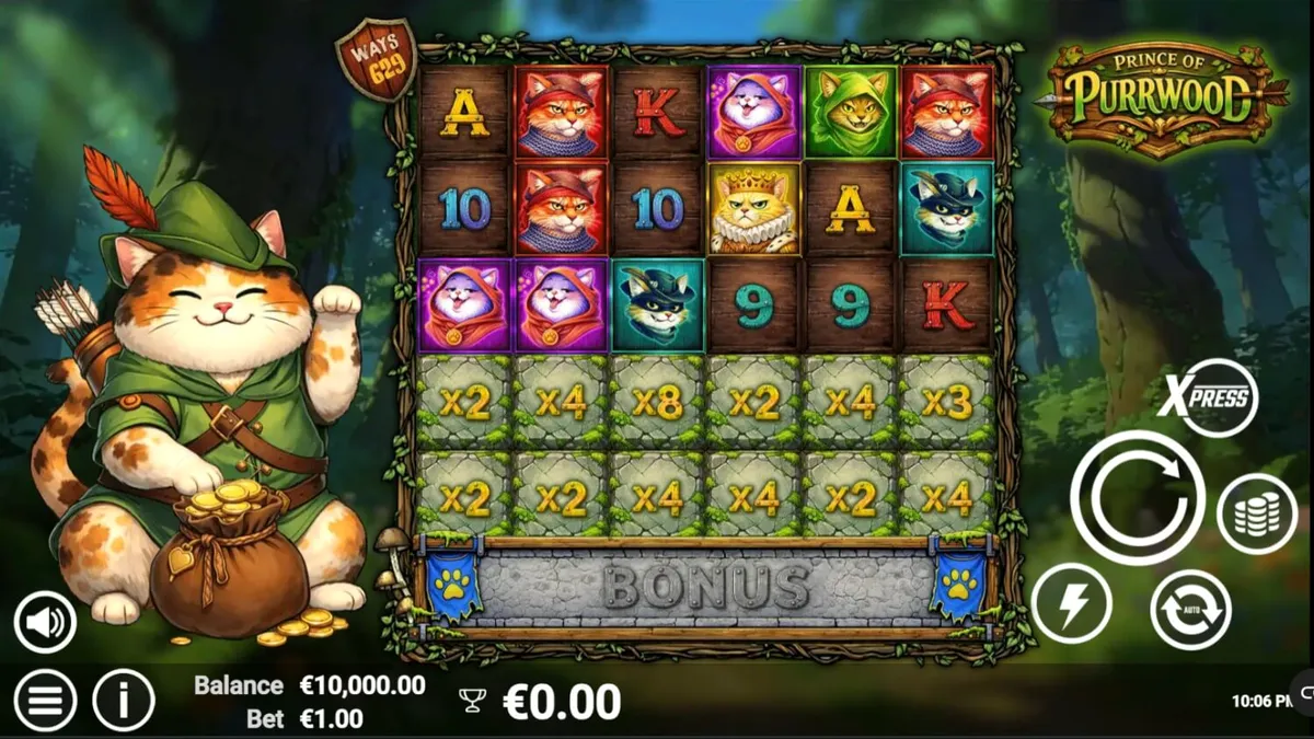 Pemandangan hutan fantasi dengan karakter kucing bergaya abad pertengahan dalam slot Prince of Purrwood