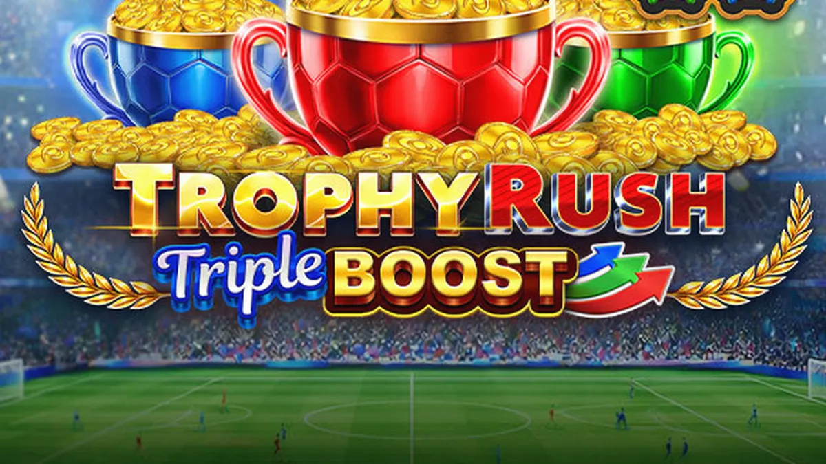 Tampilan visual slot Trophy Rush Triple Boost dengan elemen koin emas dan tema kemenangan.